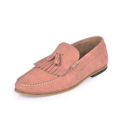 Pink suede tassel loafers
